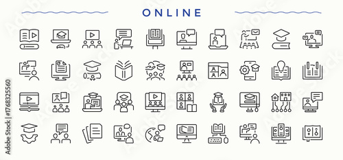 Online  icon. Education icon set. Includes symbols for computer, webinar, training, e-learning, education and more. Vector illustration. Pixel perfect.