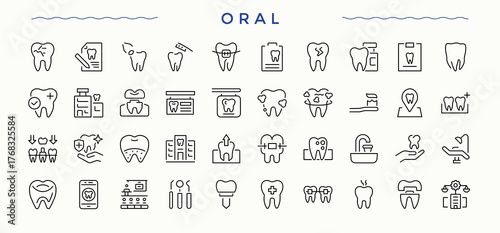 Oral linear icon set. Dentistry icon set in linear style. Thin line icons set. Includes symbols for health, medical, hospital, treatment and more. Pictogram and infographic.