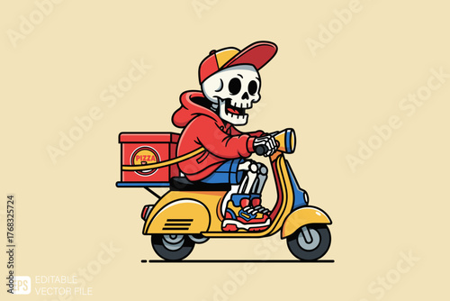 Skeleton Delivery Rider on Scooter Delivering Package.