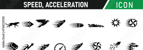 Speed, acceleration glyph icon set. Including Speedometer, Rocket, Lightning Bolt, Race Flag, Gauge, Cheetah, Arrow, Stopwatch, Sports Car, Tornado. Vector silhouette illustration