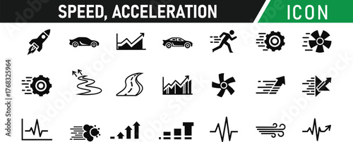 Speed, acceleration glyph icon set. Including Speedometer, Rocket, Lightning Bolt, Race Flag, Gauge, Cheetah, Arrow, Stopwatch, Sports Car, Tornado. Vector silhouette illustration