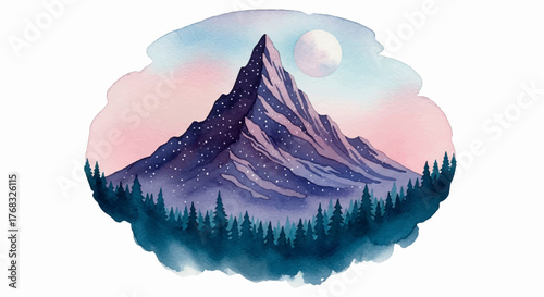 A beautiful watercolor landscape illustration of a majestic, starry mountain peak over a pine forest with a full moon in a pastel sky. 