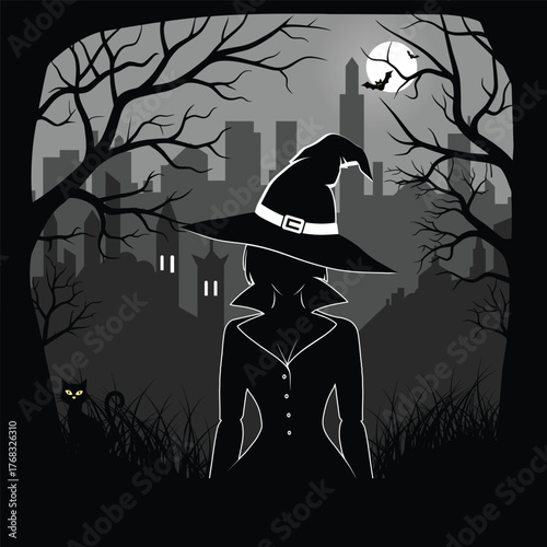 Moonlit Witch Silhouette in Gothic Cityscape