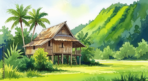 Beautiful watercolor landscape illustration of a tropical hut with palm trees and green hills, a serene digital painting scene