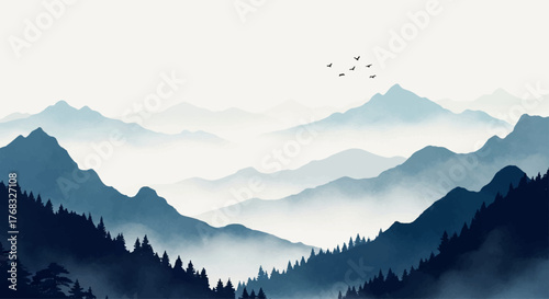 Traditional watercolor landscape illustration of misty blue mountain peaks and forested valleys, a serene and minimalist nature background with flying birds