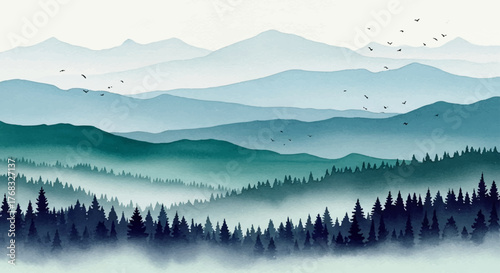 Serene watercolor landscape of misty mountains and a pine forest, a tranquil nature illustration with layered hills in blue and teal tones