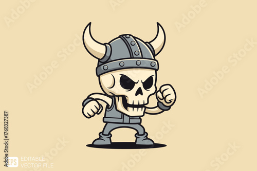 Cartoon Viking Skull Mascot with Horned Helmet and Armor.