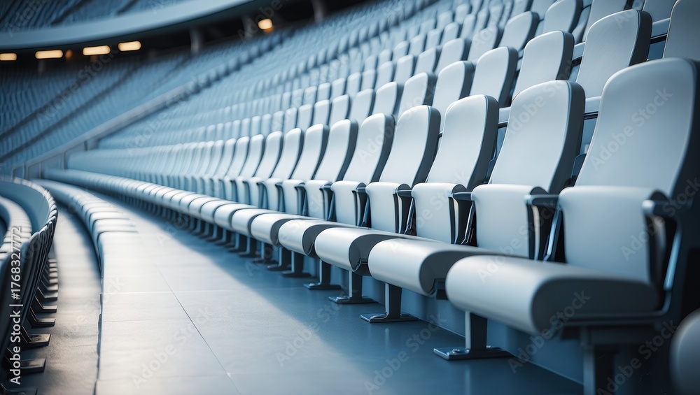 Fototapeta premium Empty stadium seats arranged in neat rows, showcasing modern design and comfort