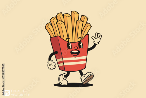 Happy French Fries Cartoon Character Waving Hand.