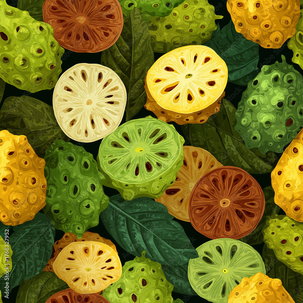 Noni fruit slices seamless pattern vector illustration