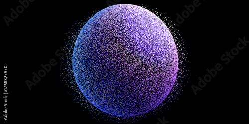 A luminous purple digital sphere made of countless glowing particles floats against a dark background creating a futuristic and high-tech aesthetic