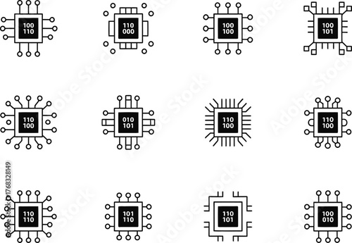 Set of twelve abstract microchip icons representing technology and digital processing vector silhouette
