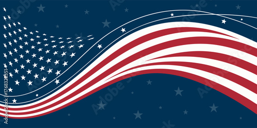 United States banner with waving flag design, blue border, and stars and stripes pattern, representing American pride.