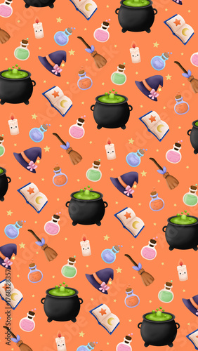 Cute Magical Witchcraft Pattern – Halloween Seamless Background with Potions and Cauldron