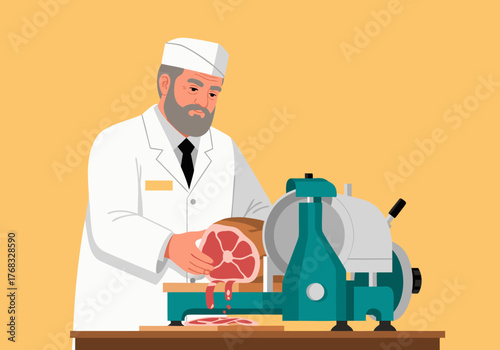 Skilled butcher expertly slicing ham with a professional meat slicer machine in a clean shop