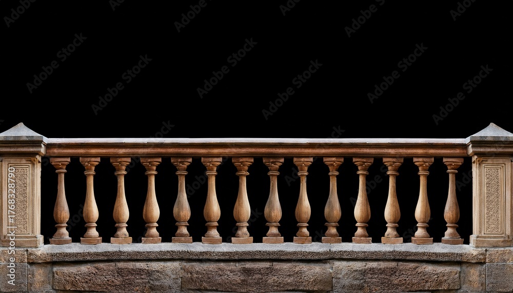 Fototapeta premium Ornate Wood Balcony With Carved Balusters Stone Base Against Black Background