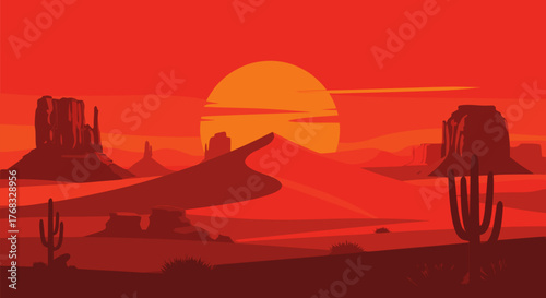 Vast Red Desert Landscape Under a Blazing Sun A Serene and Majestic Sunset with Iconic Mesas and Cacti