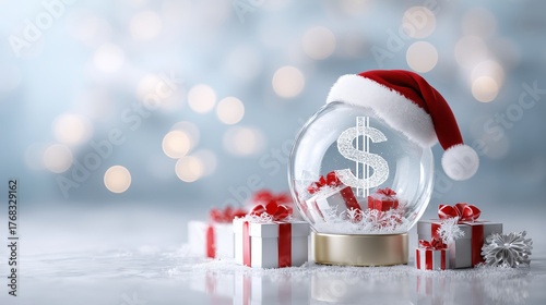 A festive scene features a glass snow globe adorned with a dollar sign, topped with a Santa hat. Wrapped gifts surround it, capturing the spirit of holiday spending and finance
