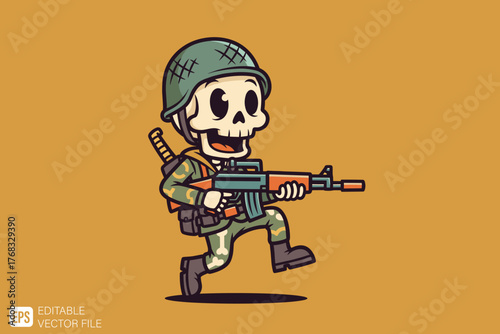 Cartoon Skeleton Soldier Marching with Rifle in Military Uniform