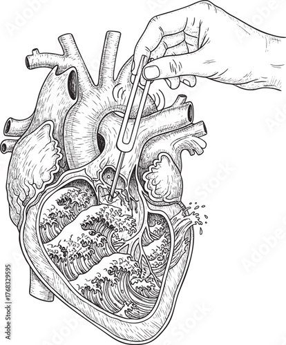 Surreal line art of a hand tuning an anatomical heart filled with churning ocean waves.