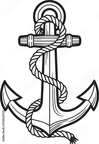 Vintage black and white line art of a classic nautical anchor with a thick twisted rope wrapped around it.