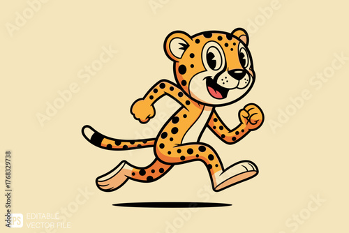Adorable Cartoon Cheetah Running with Joyful Expression.