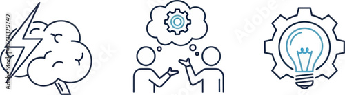  Set of three icons representing brainstorming, collaboration, and innovation with a lightbulb and gears