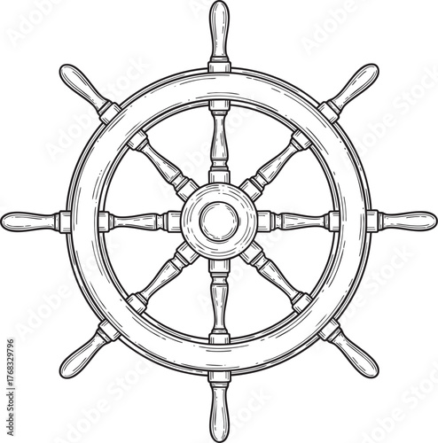 Vintage wooden ships wheel with eight spokes in a detailed black and white sketch style.