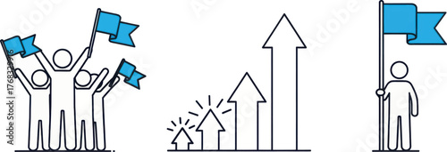  Teamwork and growth concept with stick figures holding flags and rising arrows
