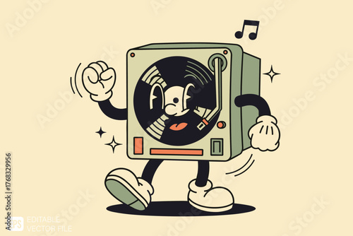 Retro Record Player Character Dancing with Music Notes.