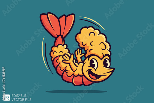 Happy Fried Shrimp Mascot Cartoon Character Illustration.