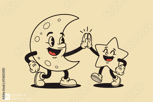 Retro Cartoon Moon and Star High Five Friendship Illustration.