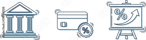  Financial icons bank, credit card with percentage symbol, and presentation board with growth chart and percentage symbol