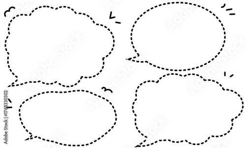 Monochrome Dashed Line Speech Bubbles Set. Organic and Cloud Talk Balloon Collection Simple Black Hand-Drawn Style Organic Broken Line Border