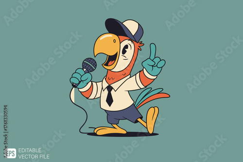 Cartoon Parrot Character Singing with Microphone.