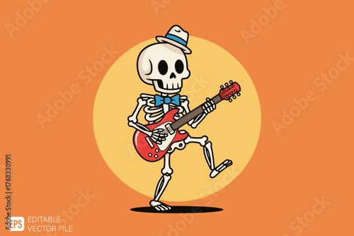 Cartoon Skeleton Playing Electric Guitar with Hat and Bowtie.
