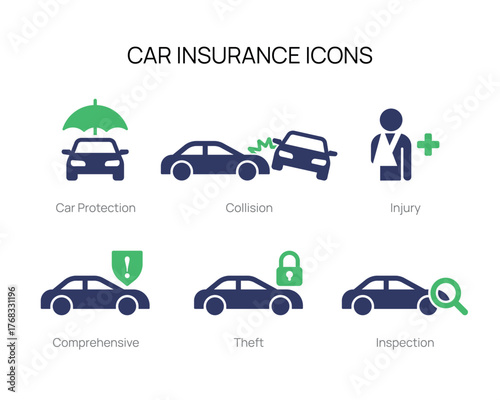 Black car insurance icon set with six coverage symbols for automotive protection and claims