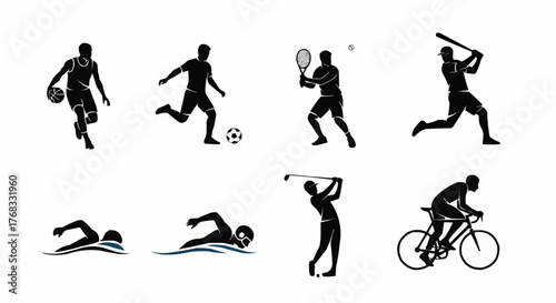 Diverse athletic pursuits showcase sportsmanship, health, and competitive spirit icons