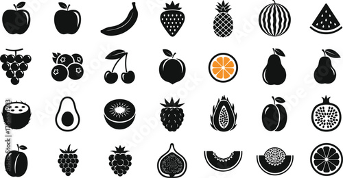 Minimalist Fruit Icon Set – Black and White Stylized Illustrations of 30 Fruits Including Whole, Sliced, and Leaf Variants
