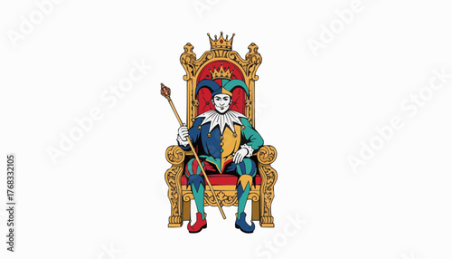 Jester sitting on golden throne with staff, wearing colorful costume and crown vector