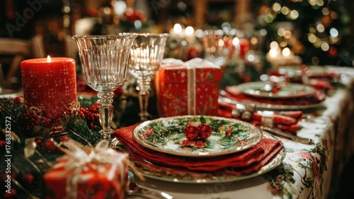 Festive christmas dinner table setting with elegant holiday decor