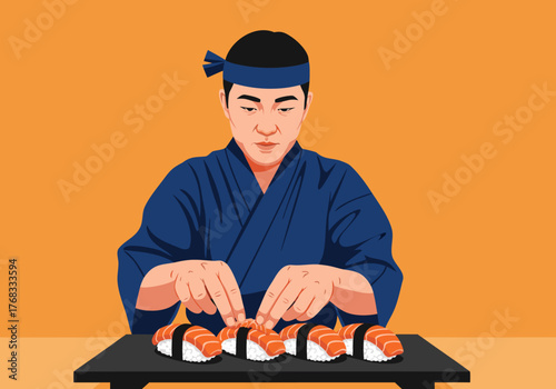 Male sushi master in a blue kimono and headband meticulously preparing a row of fresh salmon nigiri