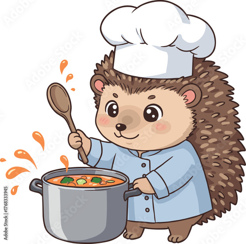 Cartoon hedgehog chef stirring soup in large pot with vegetables, wearing hat and coat in kitchen scene
