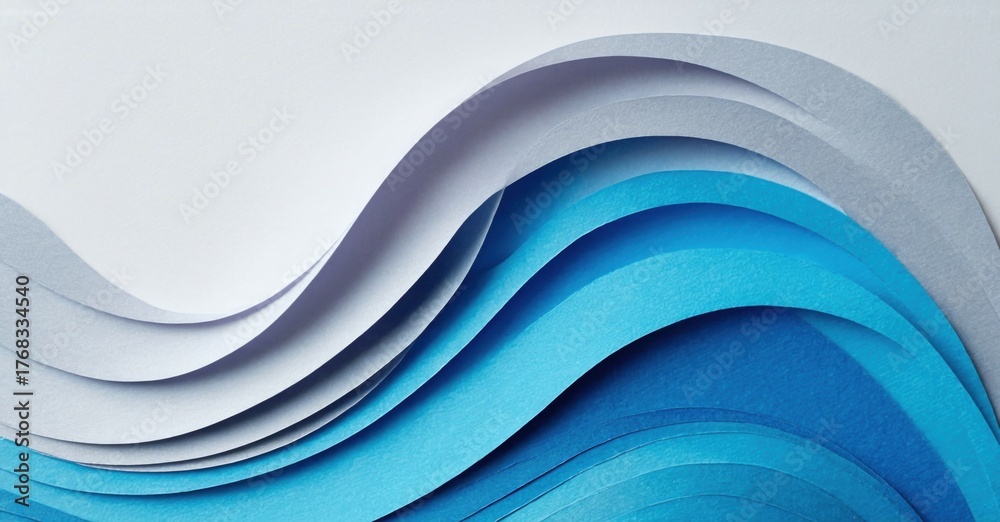 Obraz premium Abstract paper layers create wave effect. Blue, gray tones blend smoothly, suggesting fluidity, depth. Minimalist design, clean aesthetic.