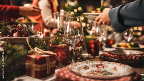 Festive holiday table setting with elegant glassware and christmas decorations