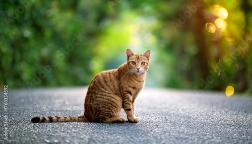 Cat Sit On Road With Green Natural Bokeh Background In Houtong Cat Village City Taiwan