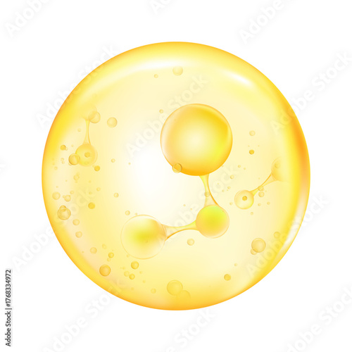 Golden serum,Oil drop with molecular structure isolated on white background,3d symbolizing skincare innovation,collagen,honey,yellow vitamin,syrup active ingredient for cosmetic,health product design