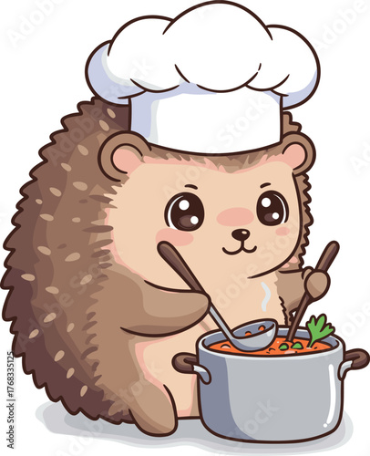 Cartoon hedgehog chef stirring vegetable soup with ladle and spoon, wearing white hat in cozy kitchen scene