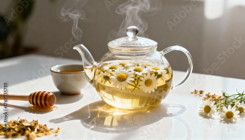 Glass teapot with chamomile tea, blossoms, and decorative honey and cup.