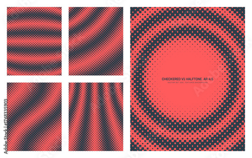 Assorted vector red black checkered halftone pattern set in vertical 4:5 aspect ratio including striped round frame and various distorted textures. Varied dotted half tone graphic design elements pack